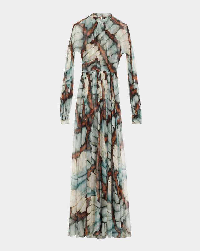 Butterfly Chiffon Long-Sleeve Maxi Dress